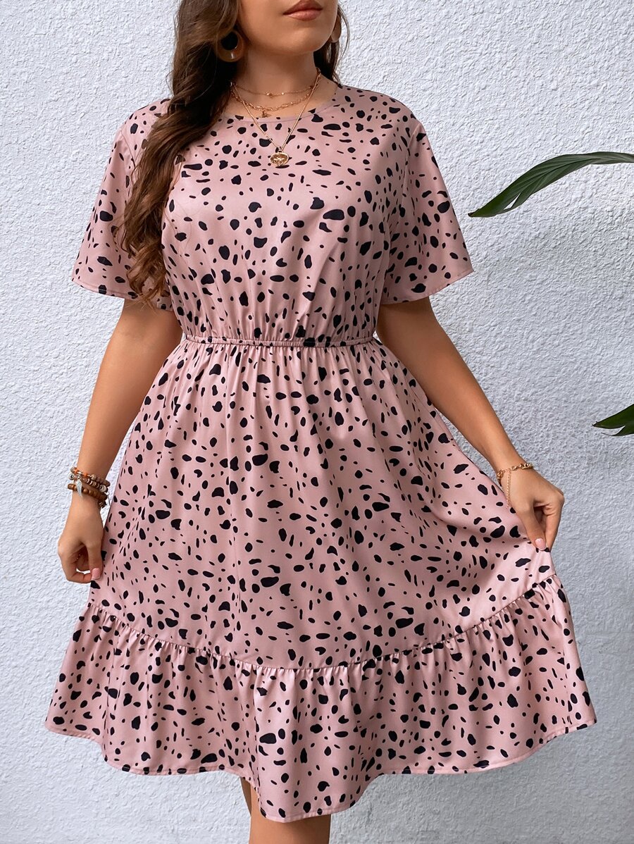 SHEIN Clasi Plus Dalmatian Print Ruffle Hem Dress - Dusty Pink - View 1