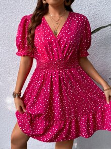 SHEIN VCAY Đầm Plus Size Viên lá sen Trọn gói Dải chun Chấm bi Giải trí - Màu Hồng Tươi - Xem 3