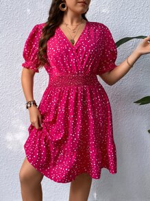 SHEIN VCAY Đầm Plus Size Viên lá sen Trọn gói Dải chun Chấm bi Giải trí - Màu Hồng Tươi - Xem 4
