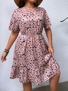 SHEIN Clasi Plus Dalmatian Print Ruffle Hem Dress - Dusty Pink - View 3