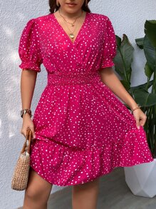 SHEIN VCAY Đầm Plus Size Viên lá sen Trọn gói Dải chun Chấm bi Giải trí - Màu Hồng Tươi - Xem 5