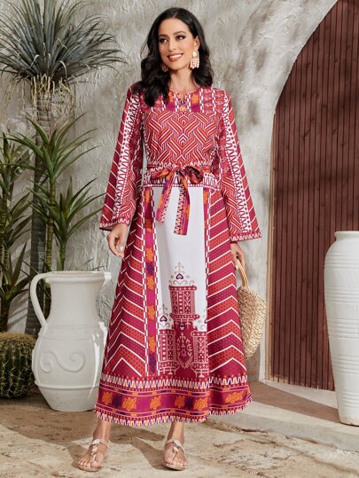 Al Najma Geo Print Notched Neckline Belted Dress