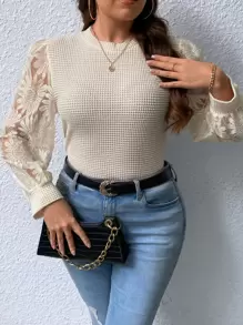 SHEIN Privé Plus Contrast Lace Lantern Sleeve Waffle Knit Top - Apricot - View 1