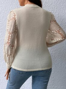SHEIN Privé Plus Contrast Lace Lantern Sleeve Waffle Knit Top - Apricot - View 2