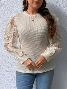 SHEIN Privé Plus Contrast Lace Lantern Sleeve Waffle Knit Top - Apricot - View 3