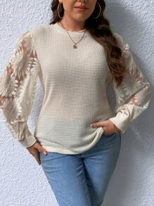 SHEIN Privé Plus Contrast Lace Lantern Sleeve Waffle Knit Top - Apricot - View 4