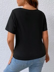 SHEIN Privé Plus Contrast Mesh Cut Out Front Tee - Black - View 2