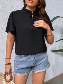 SHEIN Clasi Áo sơ mi Plus Size viền lá sen Thắt nơ trước màu trơn Thanh lịch - màu đen - Xem 3