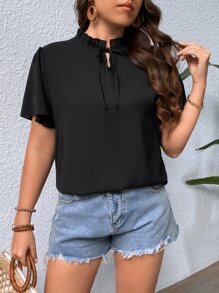 SHEIN Clasi Áo sơ mi Plus Size viền lá sen Thắt nơ trước màu trơn Thanh lịch - màu đen - Xem 4