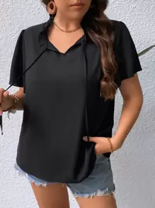 SHEIN Clasi Áo sơ mi Plus Size viền lá sen Thắt nơ trước màu trơn Thanh lịch - màu đen - Xem 5
