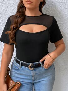 SHEIN Privé Plus Contrast Mesh Cut Out Front Tee - Black - View 5