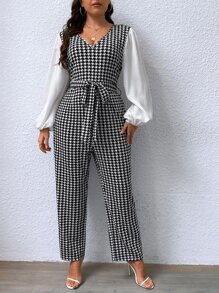 SHEIN Privé Plus Houndstooth Print Lantern Sleeve Belted Jumpsuit - Black and White - View 1