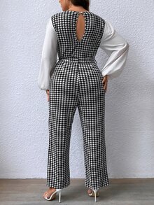 SHEIN Privé Plus Houndstooth Print Lantern Sleeve Belted Jumpsuit - Black and White - View 2