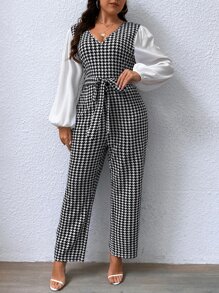 SHEIN Privé Plus Houndstooth Print Lantern Sleeve Belted Jumpsuit - Black and White - View 5