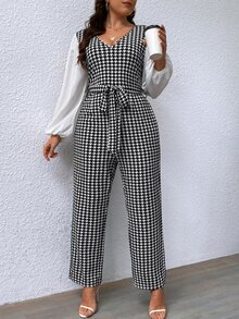 SHEIN Privé Plus Houndstooth Print Lantern Sleeve Belted Jumpsuit - Black and White - View 6