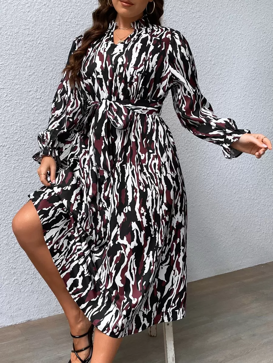 SHEIN Clasi 大碼滿版印花荷葉袖繫腰帶連衣裙 - 彩色 - 查看 1