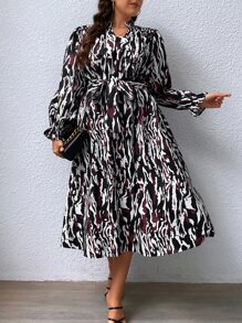 SHEIN Clasi 大碼滿版印花荷葉袖繫腰帶連衣裙 - 彩色 - 查看 3