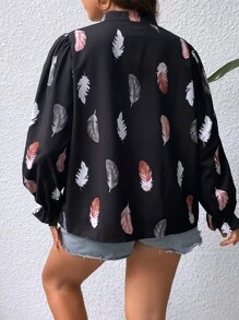 SHEIN Clasi Plus Feather Print Notched Neck Flounce Sleeve Blouse - Multicolor - View 2