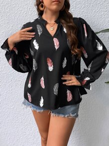 SHEIN Clasi Plus Feather Print Notched Neck Flounce Sleeve Blouse - Multicolor - View 4