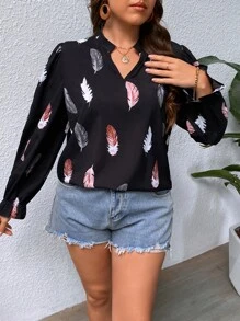 SHEIN Clasi Plus Feather Print Notched Neck Flounce Sleeve Blouse - Multicolor - View 6