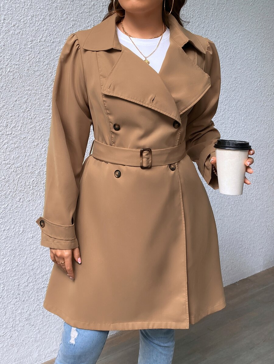 SHEIN Privé Plus Double Breasted Belted Trench Coat - Khaki - View 1