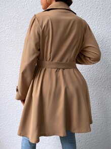 SHEIN Privé Plus Double Breasted Belted Trench Coat - Khaki - View 2