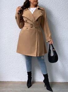 SHEIN Privé Plus Double Breasted Belted Trench Coat - Khaki - View 4