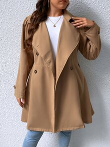 SHEIN Privé Plus Double Breasted Belted Trench Coat - Khaki - View 5