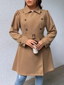 SHEIN Privé Plus Double Breasted Belted Trench Coat - Khaki - View 6