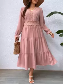 SHEIN LUNE Plus Guipure Lace Insert Layered Hem Dress - Dusty Pink - View 1