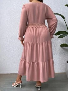 SHEIN LUNE Plus Guipure Lace Insert Layered Hem Dress - Dusty Pink - View 2
