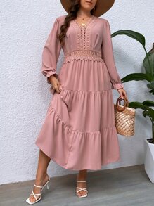 SHEIN LUNE Plus Guipure Lace Insert Layered Hem Dress - Dusty Pink - View 3