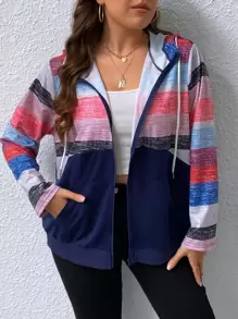 SHEIN LUNE Plus Size Colorblock Kangaroo Pocket Drawstring Sweatshirt - Multicolor - View 1