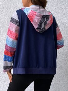 SHEIN LUNE Plus Size Colorblock Kangaroo Pocket Drawstring Sweatshirt - Multicolor - View 2