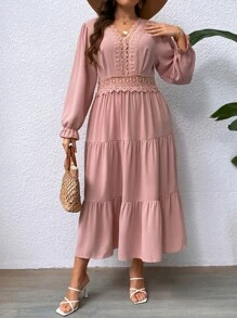 SHEIN LUNE Plus Guipure Lace Insert Layered Hem Dress - Dusty Pink - View 4