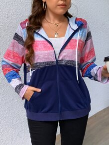 SHEIN LUNE Plus Size Colorblock Kangaroo Pocket Drawstring Sweatshirt - Multicolor - View 3