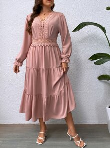SHEIN LUNE Plus Guipure Lace Insert Layered Hem Dress - Dusty Pink - View 5