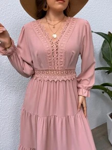 SHEIN LUNE Plus Guipure Lace Insert Layered Hem Dress - Dusty Pink - View 6