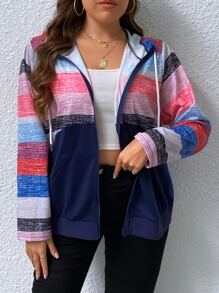 SHEIN LUNE Plus Size Colorblock Kangaroo Pocket Drawstring Sweatshirt - Multicolor - View 5