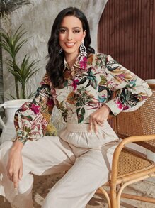 Mulvari Tropical Print High Low Hem Shirt - Multicolor - View 6