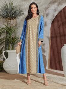Al Najma Gold Geo Print Contrast Lace Tunic Dress - Multicolor - View 1