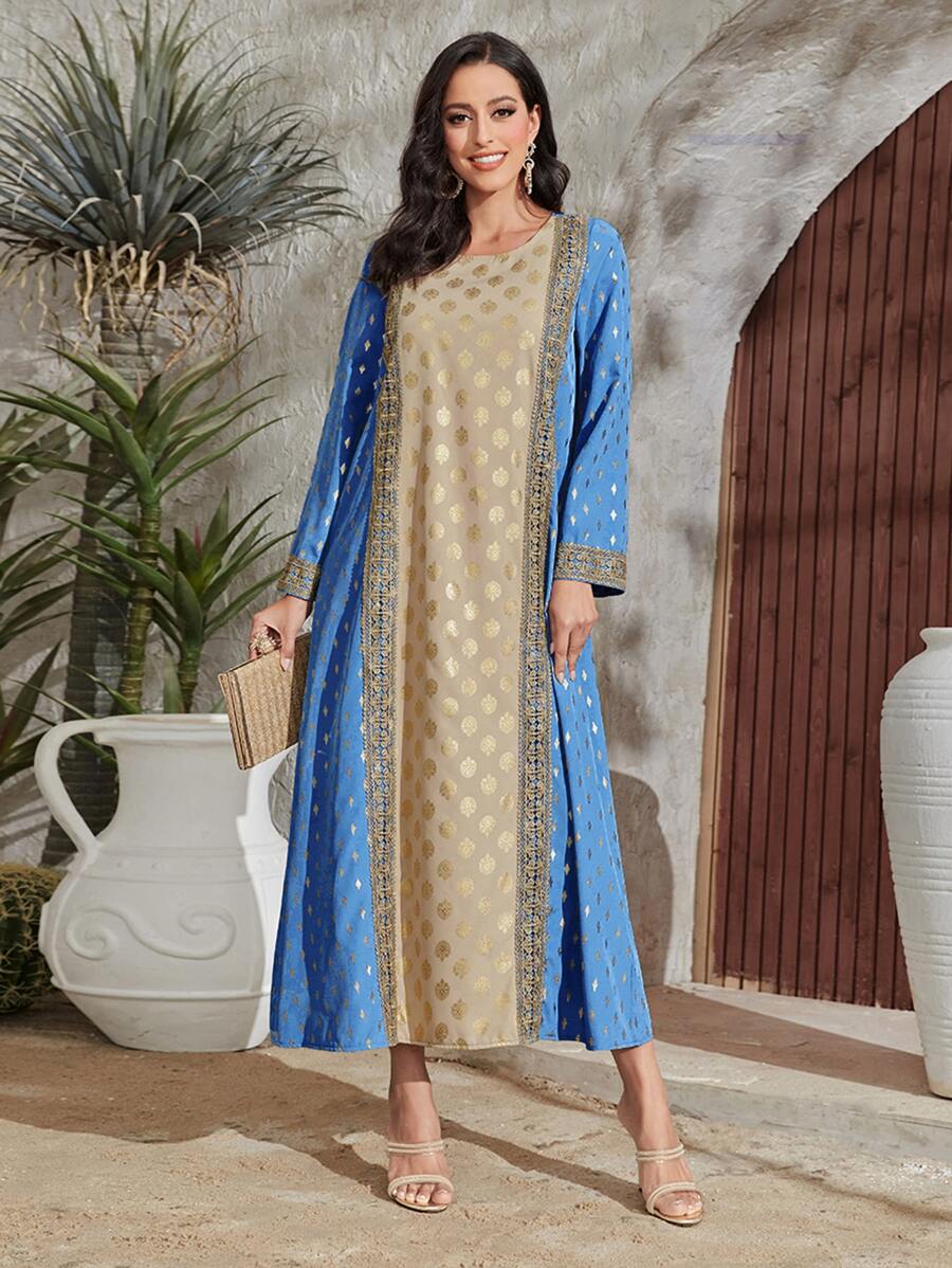 Al Najma Gold Geo Print Contrast Lace Tunic Dress - Multicolor - View 1