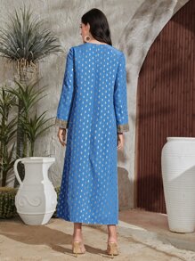 Al Najma Gold Geo Print Contrast Lace Tunic Dress - Multicolor - View 2