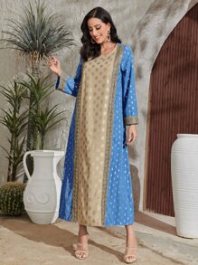 Al Najma Gold Geo Print Contrast Lace Tunic Dress - Multicolor - View 3