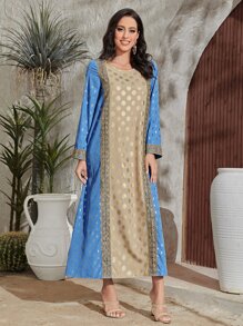 Al Najma Gold Geo Print Contrast Lace Tunic Dress - Multicolor - View 4