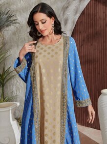 Al Najma Gold Geo Print Contrast Lace Tunic Dress - Multicolor - View 5