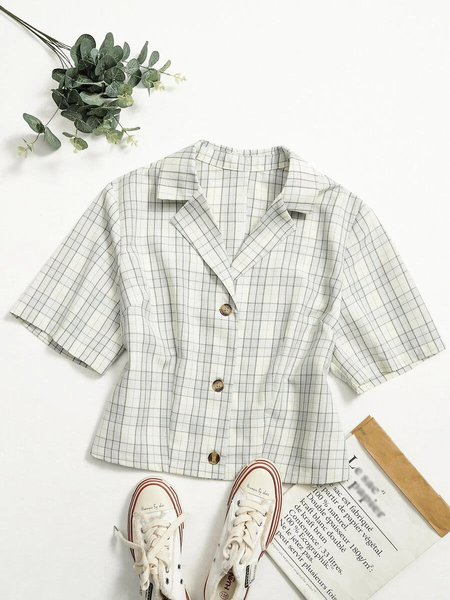 SHEIN EZwear Plus Plaid Lapel Collar Button Front Blouse - Multicolor - View 1