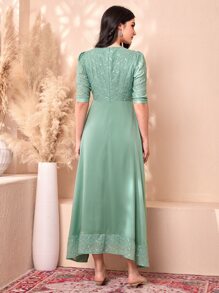 Divindia Floral Pattern Puff Sleeve Dress - Green - View 2