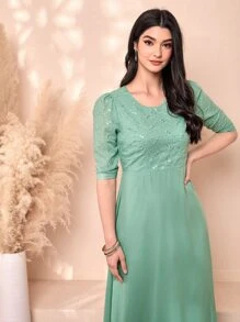 Divindia Floral Pattern Puff Sleeve Dress - Green - View 3