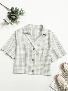 SHEIN EZwear Plus Plaid Lapel Collar Button Front Blouse - Multicolor - View 5